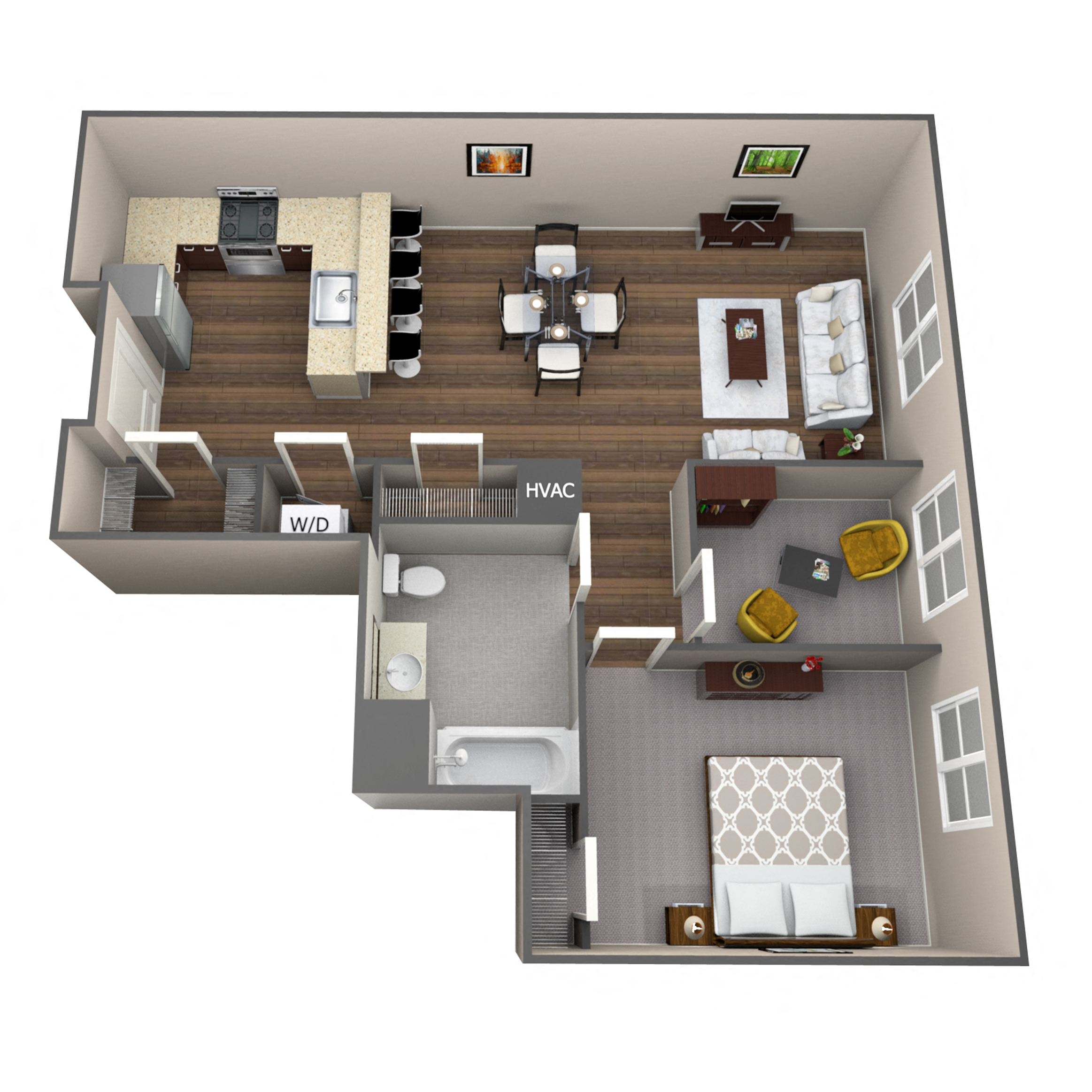Floor plan for 1 bed, 1 bath, 848 sqft